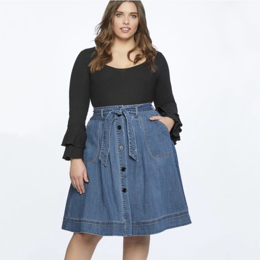 Eloquii Denim Midi Skirt with Tie.